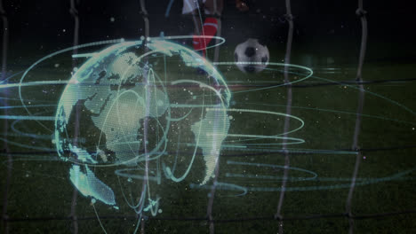 Animation-of-globe-rotating-over-diverse-male-soccer-players