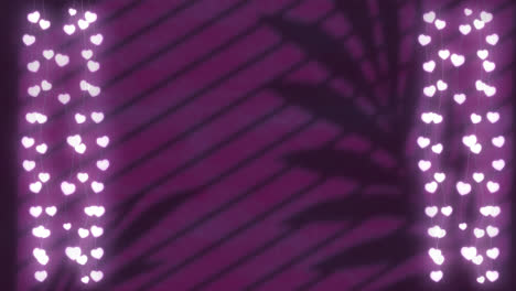 Animation-Von-Herzen-über-Blättern-Und-Fensterschatten-Auf-Violettem-Hintergrund