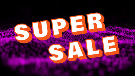 Animation-of-super-sale-text-on-black-background-with-purple-glitter