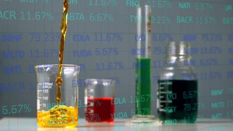 Animation-of-financial-data-processing-over-liquid-pouring-into-lab-glasses