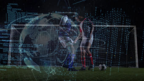 Animation-of-globe-rotating-and-data-processing-over-diverse-male-soccer-players