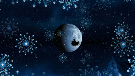 Animation-of-christmas-snowflakes-falling-over-globe-and-santa-sleigh-on-black-background