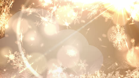Animation-of-christmas-snow-falling-over-glowing-lights-and-brown-background
