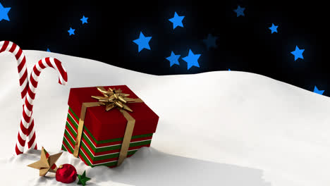 Animation-of-presents-and-christmas-candies-lying-on-snow-with-blue-stars-falling-in-background