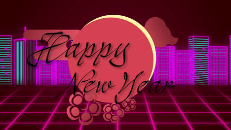 Animation-of-happy-new-year-text-over-cityscape-and-grid