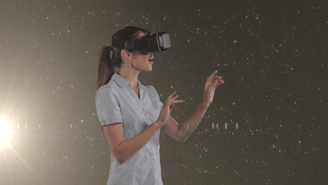 Animation-of-caucasian-businesswoman-using-vr-headset-over-glowing-stars