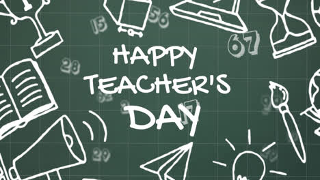 Animation-of-happy-teacher's-day-over-school-items-icons-on-green-background