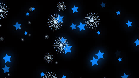 Animation-Von-Weihnachtlichen-Schneeflocken-Und-Sternen,-Die-Auf-Schwarzen-Hintergrund-Fallen