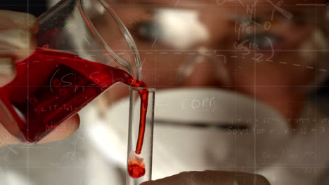 Animation-of-scientific-data-over-female-lab-worker-pouring-reagent-into-glass