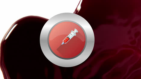 Digitale-Animation-Des-Spritzensymbols-über-Rundem-Banner-Vor-Roter-Flüssigkeit-Auf-Weißem-Hintergrund