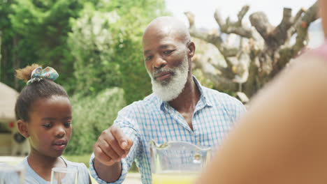 Happy-african-american-grandfather-with-granddaughter-having-breakfast-in-garden