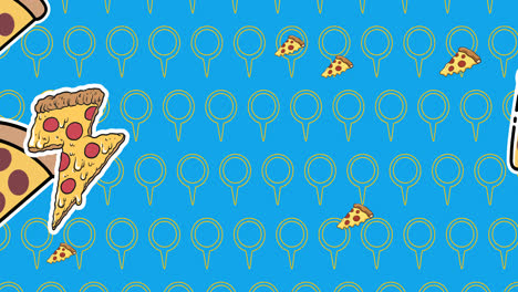 Animation-Von-Pizza--Und-Kreissymbolen-Auf-Blauem-Hintergrund