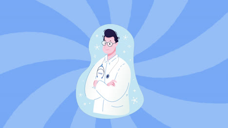 Digital-animation-of-male-doctor-icon-with-arms-crossed-against-blue-spiral-background