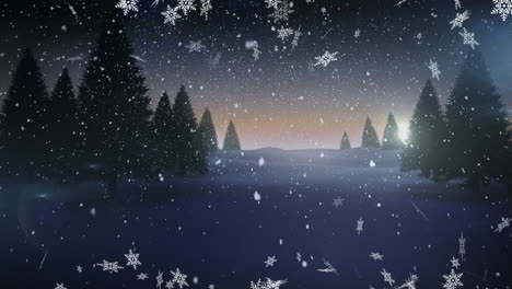 Animation-Von-Weihnachtsschneeflocken,-Die-über-Den-Winterlandschaftshintergrund-Fallen