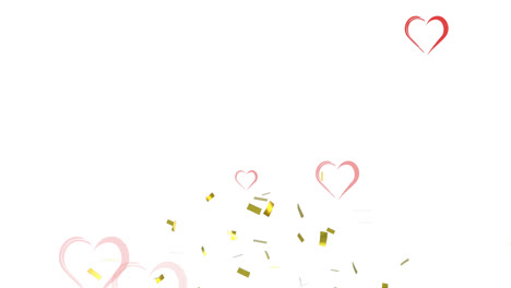 Animation-Von-Roten-Herzen-Und-Goldenem-Konfetti,-Das-Auf-Weißen-Hintergrund-Fällt