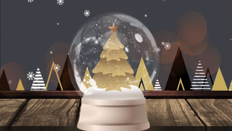 Animation-Von-Weihnachtlichen-Schneeflocken,-Die-über-Eine-Schneekugel-Auf-Braunem-Hintergrund-Fallen