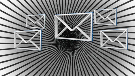 Animation-of-emails-on-white-and-black-striped-background