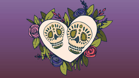 Animation-of-decorative-skulls-in-heart-with-flower-frame