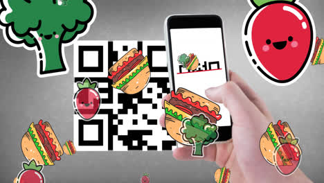 Animation-Von-QR-Code,-Smartphone-Und-Lebensmittelsymbolen