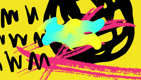 Animation-Eines-Leuchtenden-Gelben-Und-Blauen-Flecks-über-Abstrakten-Formen-Auf-Gelbem-Hintergrund
