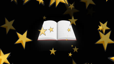 Animation-of-glowing-stars-over-open-book-on-black-background