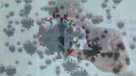 Animation-Von-Covid-19-Zellen-Und-Daten-über-Einen-Afroamerikanischen-Arzt,-Der-Einen-Impfstoff-Hält