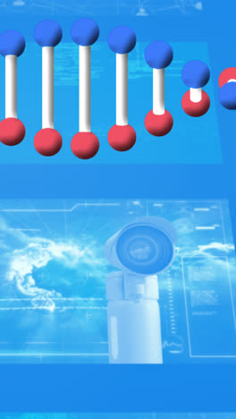 Animation-Des-Spinnens-Von-DNA-Strängen-Und-Medizinischer-Daten-Auf-Bildschirmen-Auf-Blauem-Hintergrund