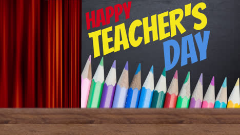 Animation-of-happy-teacher's-day-over-coloured-pencils-on-black-background