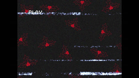 Animation-of-screen-with-glitch-and-play-interface-with-red-holly-pattern-on-black-background
