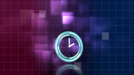 Animation-of-clock-moving-in-purple-and-navy-digital-space-with-squares