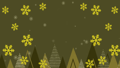 Animation-of-yellow-christmas-snowflakes-falling-on-green-background