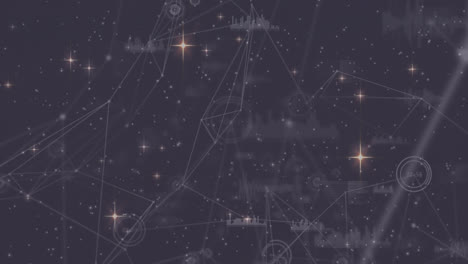 Animation-of-christmas-stars-moving-over-network-and-data-processing-on-night-sky