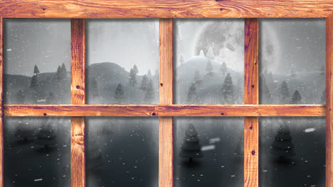Animation-Von-Fallendem-Schnee-Und-Weihnachtlicher-Winterlandschaft-Und-Mond-Durch-Fenster-Gesehen