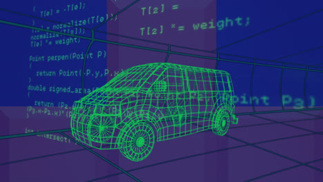 Animación-De-Conducción-De-Dibujos-De-Automóviles-En-3D-Con-Procesamiento-De-Datos-Sobre-Cuadrícula.
