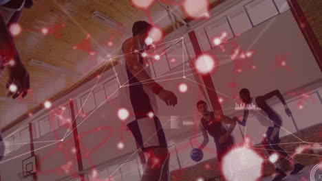 Animation-of-network-of-connections-over-diverse-male-basketball-players-on-court