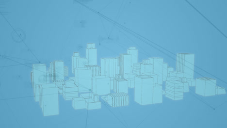 Animation-Eines-Netzwerks-Aus-Verbindungen-Und-Datenverarbeitung-über-Einer-3D-Stadtbildzeichnung