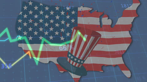 Animación-De-Bandera-Americana,-Sombrero-Y-Mapa-Con-Líneas-Y-Procesamiento-De-Estadísticas