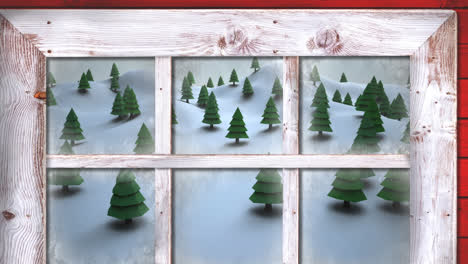 Holzfensterrahmen-Vor-Mehreren-Bäumen-In-Der-Winterlandschaft