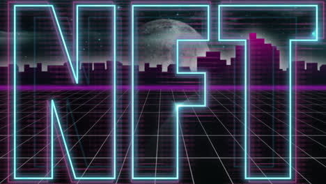 Neon-NFT-Textbanner-über-Gitternetz-Gegen-Stadtbild-Und-Mond-Im-Weltraum