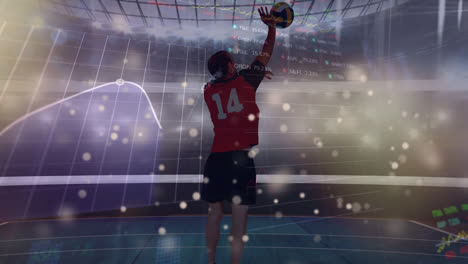 Animation-of-lights-and-financial-data-over-back-of-voleyball-player