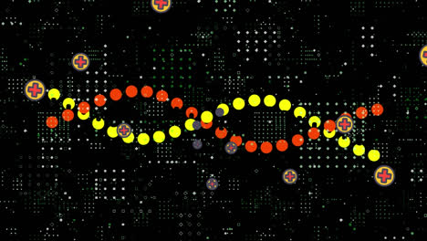 Animation-Eines-DNA-Strangs-über-Medizinischen-Symbolen-Auf-Schwarzem-Hintergrund