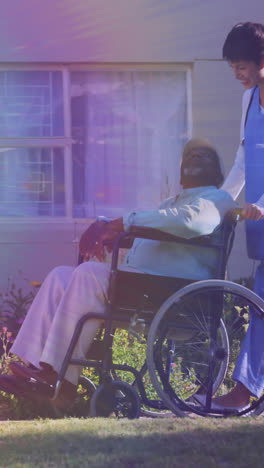 Animation-of-light-moving-over-nurse-wheeling-senior-man-in-wheelchair