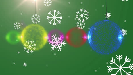 Animation-Von-Schnee,-Der-über-Weihnachtskugeln-Auf-Grünem-Hintergrund-Fällt