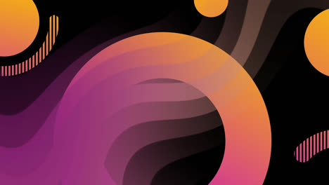 Animation-of-colourful-circles-over-pink-and-orange-waves-on-black-background
