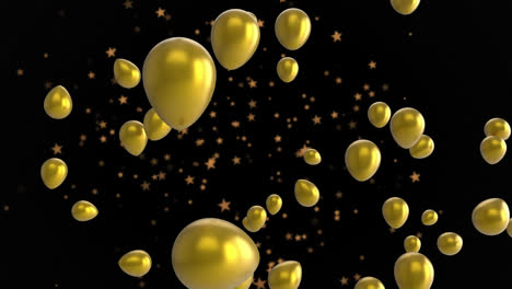 Animation-Von-Goldenen-Ballons-Und-Sternen,-Die-Auf-Schwarzem-Hintergrund-Schweben