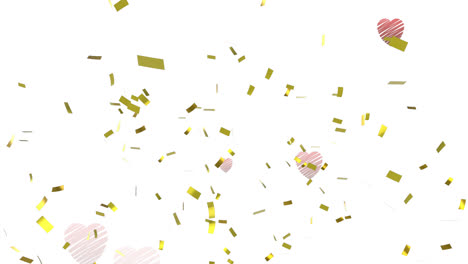 Animation-of-red-hearts-and-gold-confetti-falling-on-white-background
