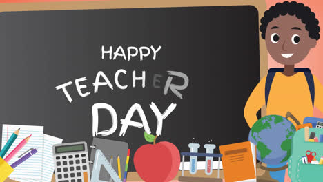 Animation-Des-Glücklichen-Lehrertags-über-Schulartikel-Symbolen-Auf-Orangefarbenem-Hintergrund
