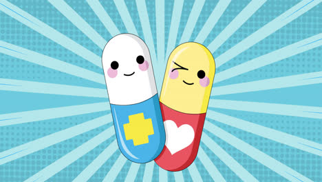 Digitale-Animation-Von-Zwei-Symbolen-Für-Medizinische-Pillen-Vor-Blauem-Radialem-Hintergrund