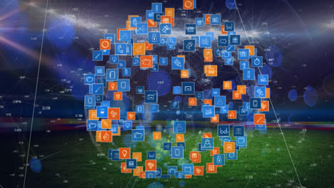 Animation-of-network-of-connections-with-icons-over-sports-stadium