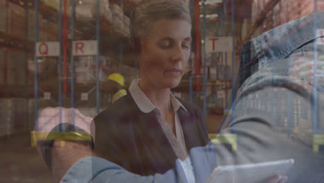 Animation-of-financial-graphs-over-caucasian-female-warehouse-worker